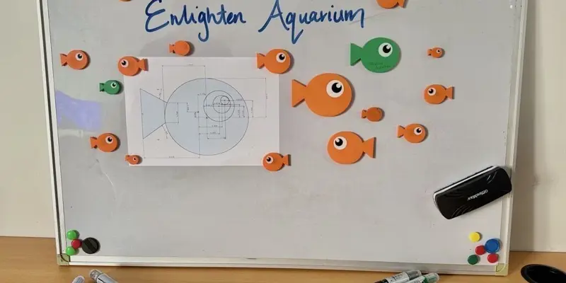 a white board with magnets and fish on it